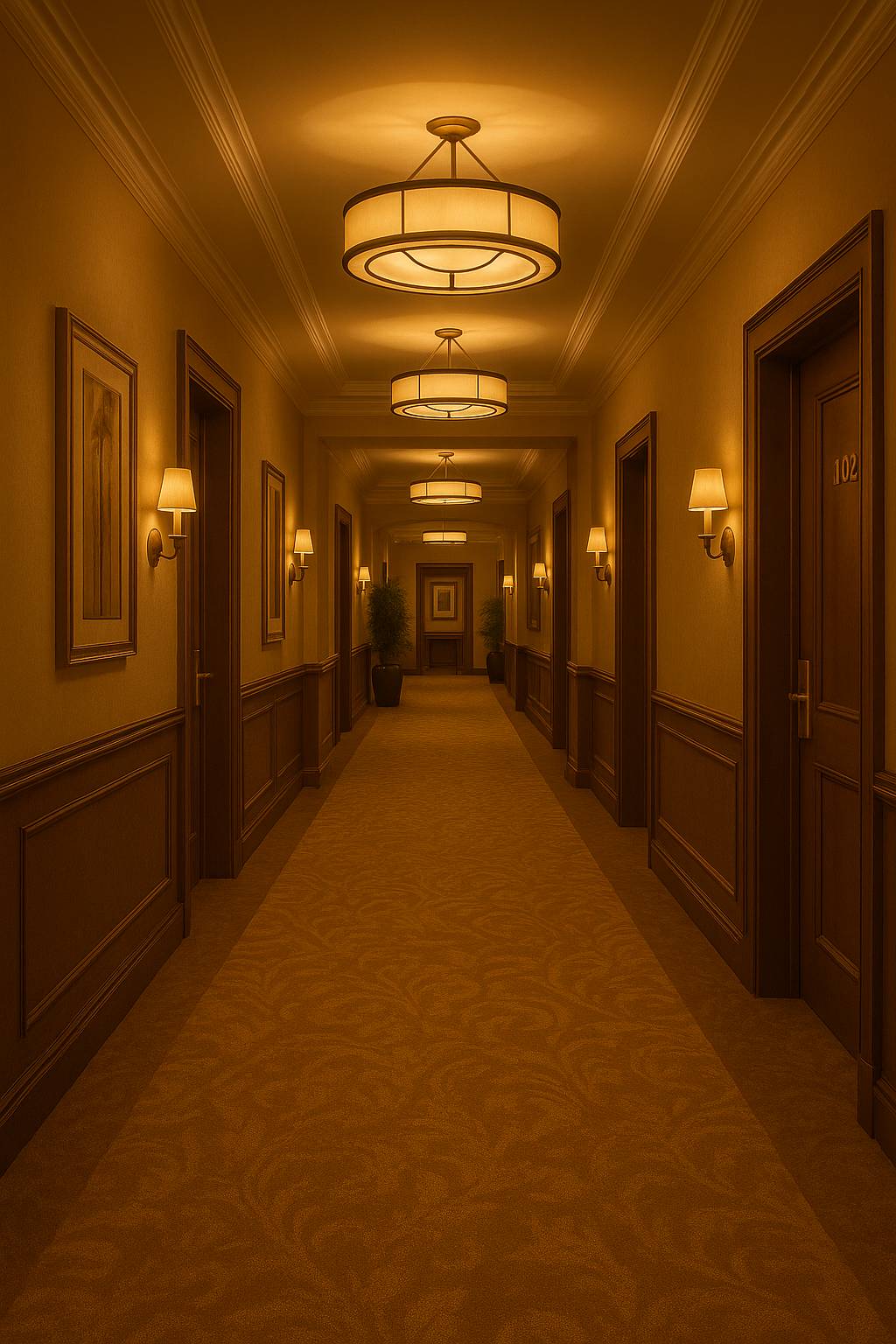 Hallway with chandeliers