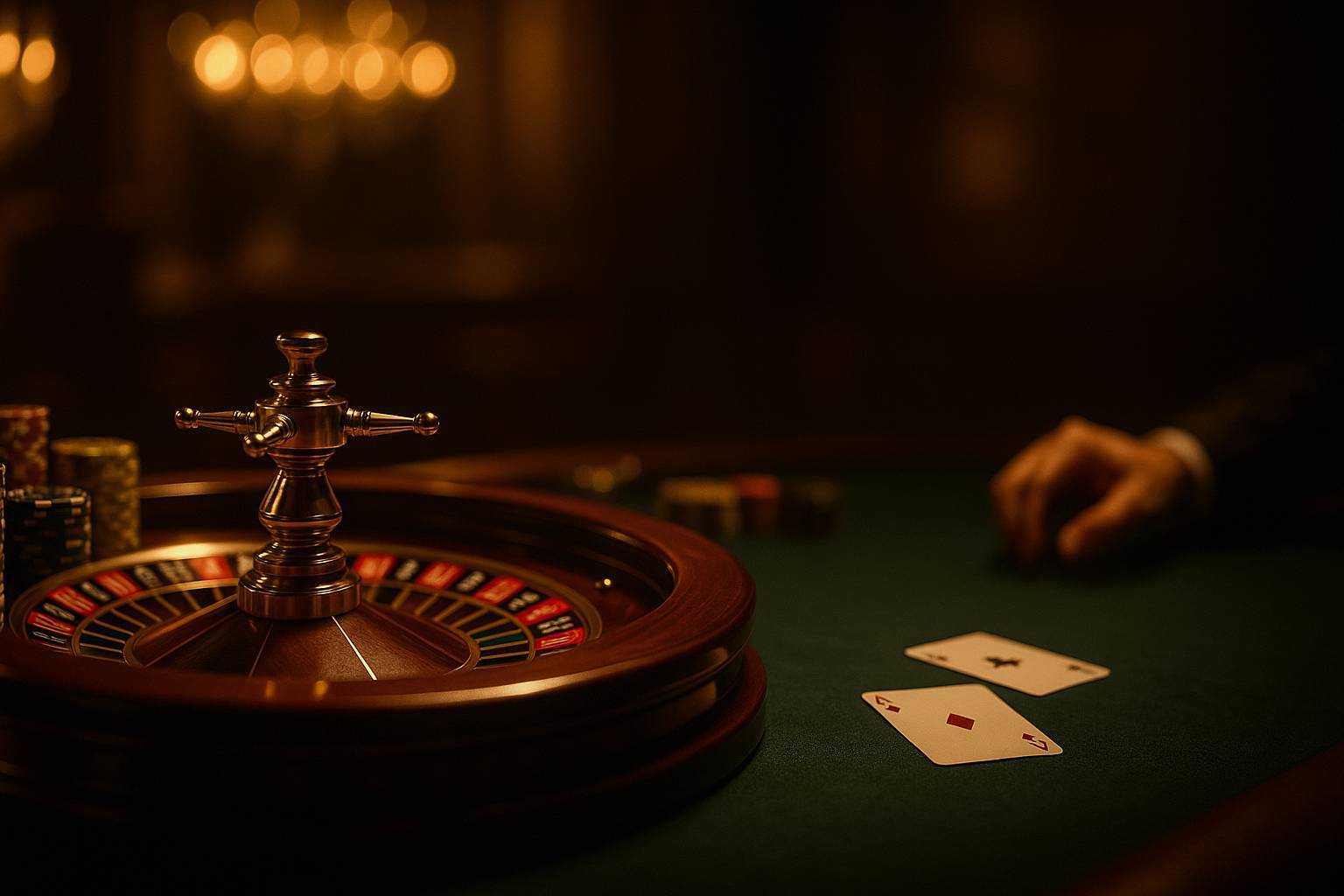 Casino floor under warm chandeliers