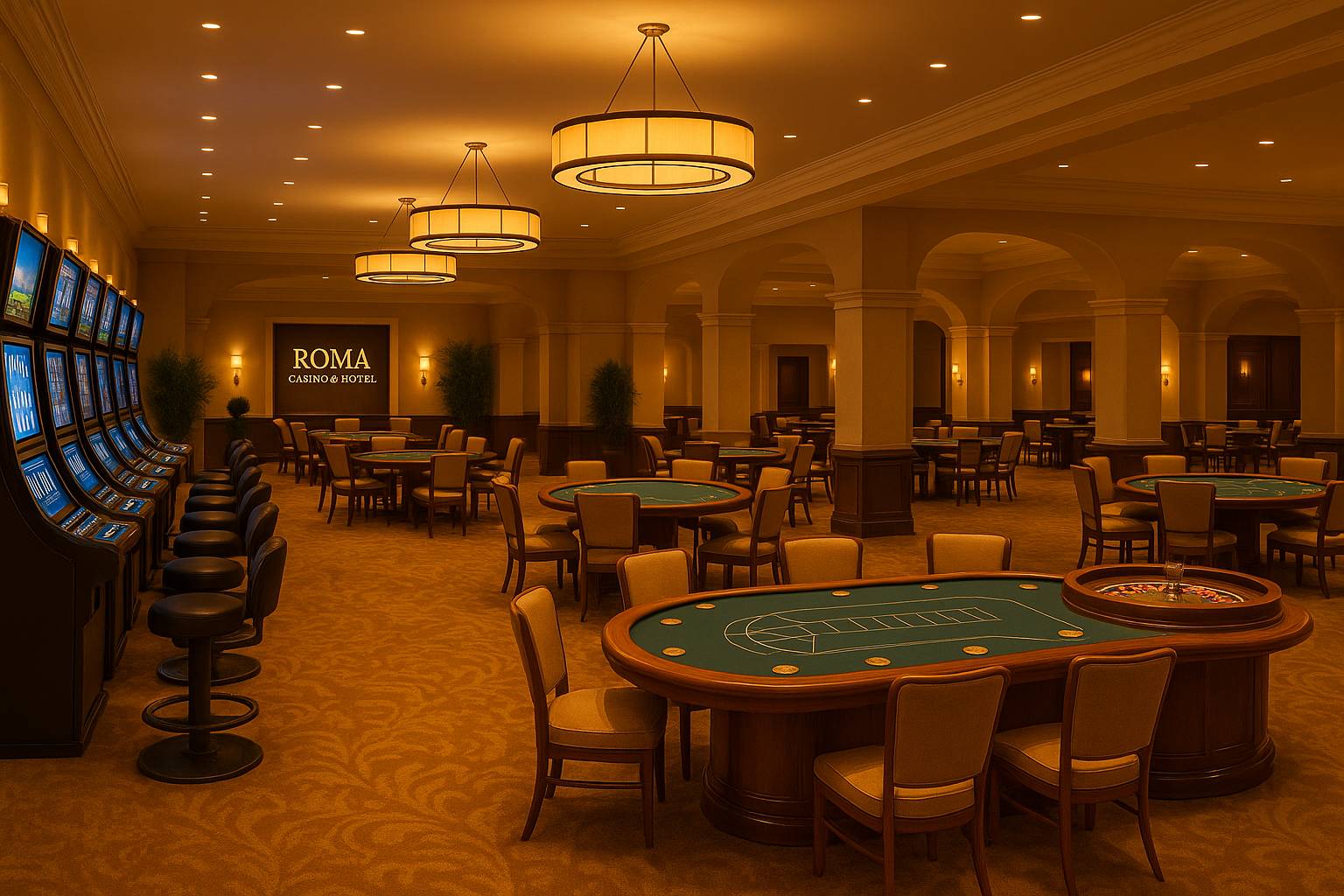 Tables under chandeliers